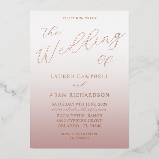 Roos Gold Calligrafie en ombre Wedding Folie Uitnodiging (Voorkant)