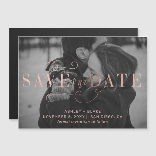 Roos Gold Calligrafie Foto Save the Date Magnetische Uitnodiging (Voorkant / Achterkant)