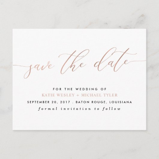 Roos Gold Calligraphy Modern Save the Date Aankondigingskaart (Voorkant)