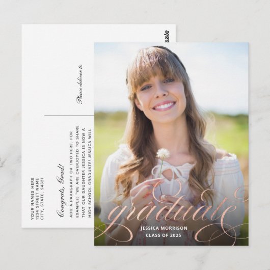 Roos Gold Calligraphy Overlay Photo Afstuderen Briefkaart (Voorkant / Achterkant)