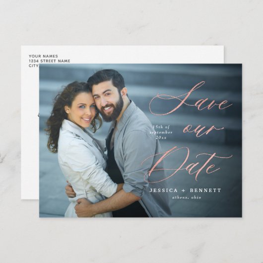 Roos Gold Calligraphy Script Foto Bewaar de datum Briefkaart (Voorkant / Achterkant)