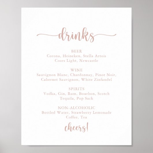 Roos Gold Calligraphy Wedding Drink Menu Sign Poster (Voorkant)