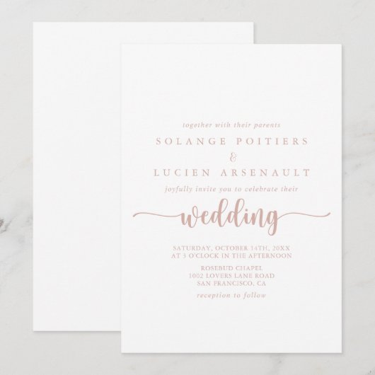 Roos Gold Calligraphy Wedding Kaart (Voorkant / Achterkant)