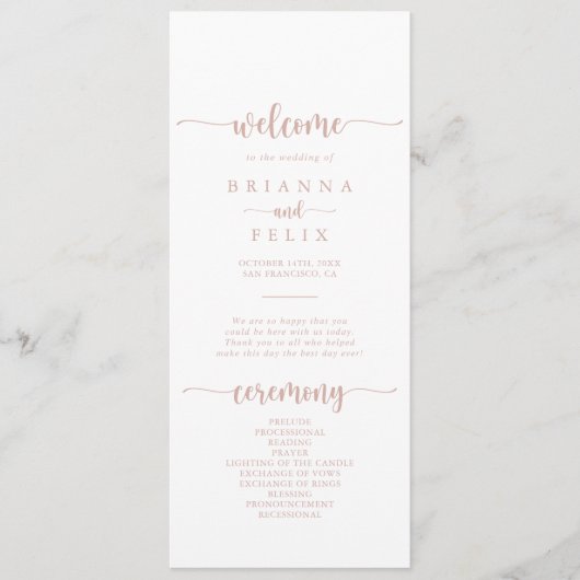 Roos Gold Calligraphy Wedding Program Programmakaart (Voorkant)
