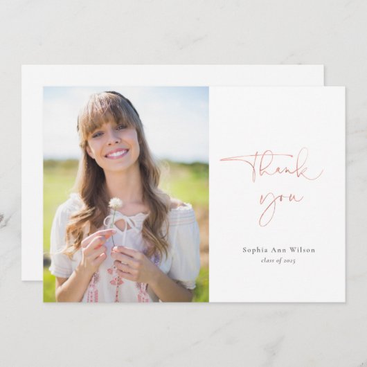 Roos Gold Casual Script Foto Afstuderen Hartelijk Bedankkaart (Voorkant / Achterkant)