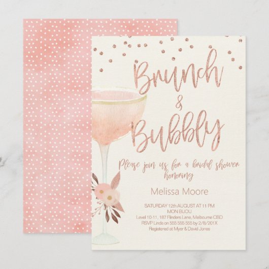 Roos Gold Champagne Glas Bruidsdouche Uitnodiging (Voorkant / Achterkant)