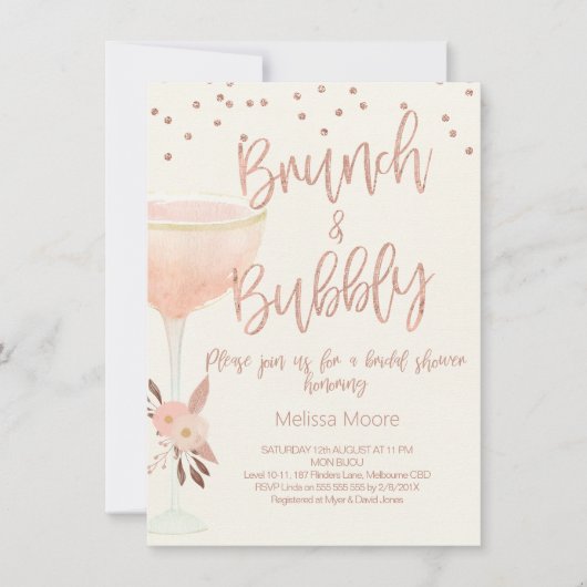 Roos Gold Champagne Glas Bruidsdouche Uitnodiging (Voorkant)