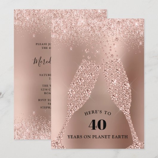 Roos Gold Champagne Toast 40th Birthday Party Kaart (Voorkant / Achterkant)