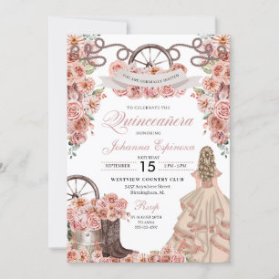 Roos Gold Champagne Western Ranchero Quinceanera Kaart