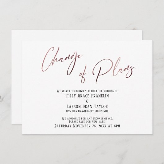 Roos Gold Change of Plans Postponed Wedding Kaart (Voorkant / Achterkant)