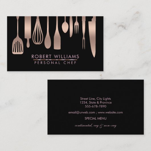 Roos Gold Chef Kitchen Tools Glitter Faux Catering Visitekaartje (Voorkant / Achterkant)