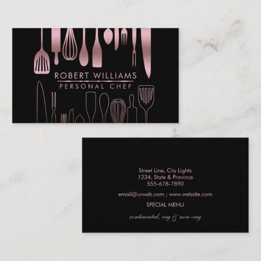 Roos Gold Chef Kitchen Tools Glitter Faux Catering Visitekaartje (Voorkant / Achterkant)