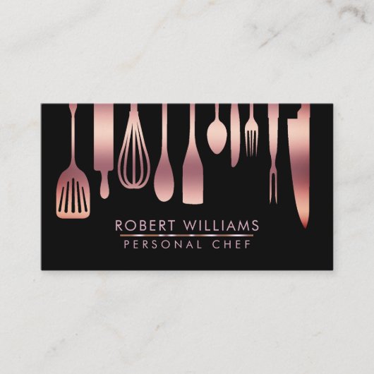 Roos Gold Chef Kitchen Tools Glitter Faux Catering Visitekaartje (Voorkant)