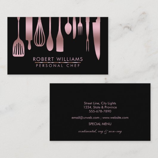 Roos Gold Chef Kitchen Tools Glitter Faux Catering Visitekaartje (Voorkant / Achterkant)