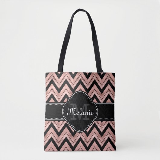 Roos Gold Chevron Pattern Black White Monogram Tote Bag (Voorkant)