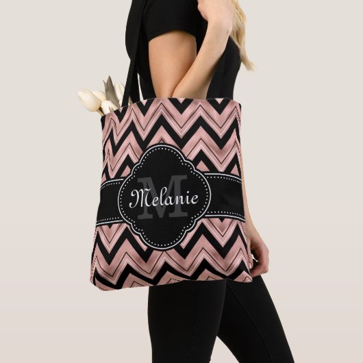 Roos Gold Chevron Pattern Black White Monogram Tote Bag (Dichtbij)