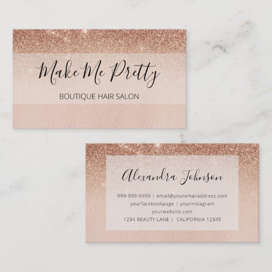 Roos Gold Chic Glitter Ombre Pink Salon Girly Visitekaartje (Voorkant / Achterkant)