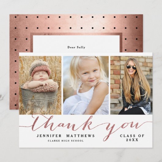 Roos Gold Chic Script Foto Afstuderen Bedankt Aankondiging (Voorkant / Achterkant)