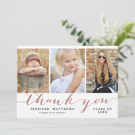 Roos Gold Chic Script Photo Afstuderen Hartelijk d Bedankkaart (Staand voorkant)