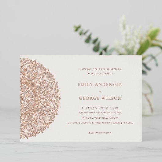 Roos Gold Classic  Mandala Wedding Invite Folie Uitnodiging (Staand Voorkant)