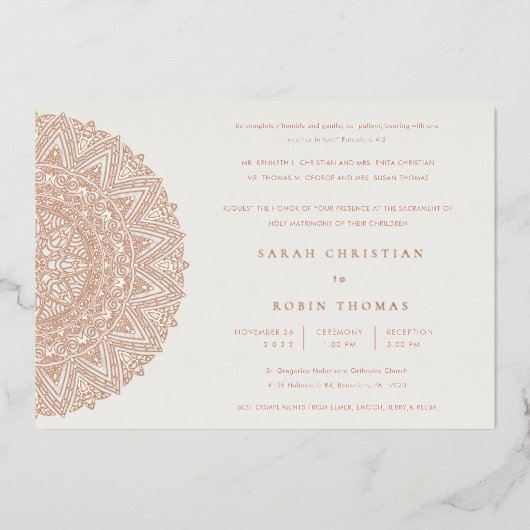 Roos Gold Classic  Mandala Wedding Invite Folie Uitnodiging (Voorkant)