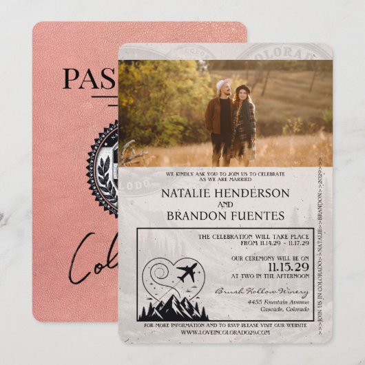 Roos Gold Colorado Passport Bruiloft Kaart (Voorkant / Achterkant)