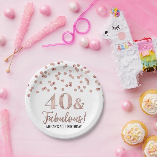 Roos Gold Confetti 40 en Fabulous Birthday Papieren Bordje (Feest)