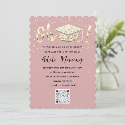 Roos Gold Confetti Afstuderen QR-code Kaart (Staand voorkant)