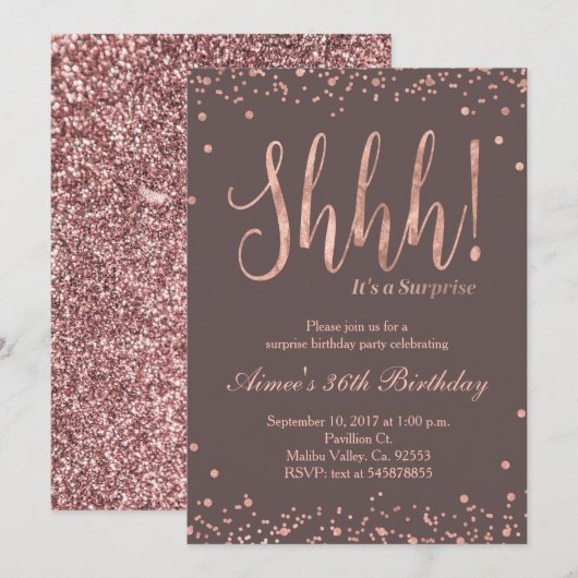 Roos Gold Confetti Birthday Party Invitation Kaart (Voorkant / Achterkant)