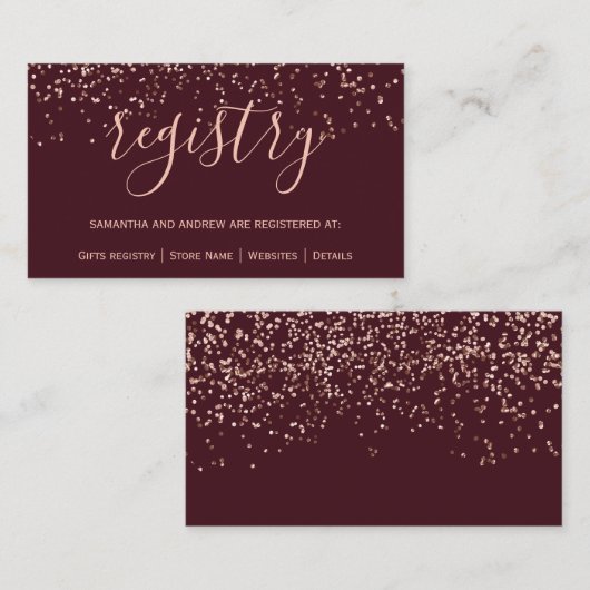 Roos gold confetti burgundy chic bruiloft register informatiekaartje (Voorkant / Achterkant)