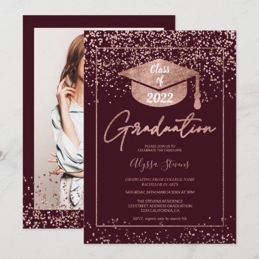 Roos gold confetti burgundy script afstuderen kaart (Voorkant / Achterkant)