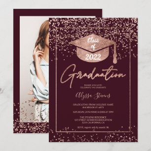 Roos gold confetti burgundy script afstuderen kaart