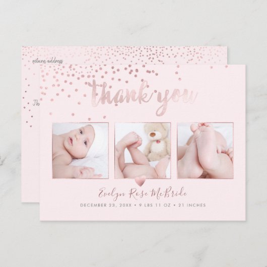 Roos Gold Confetti Chic Brush Script Dank u Briefkaart (Voorkant / Achterkant)