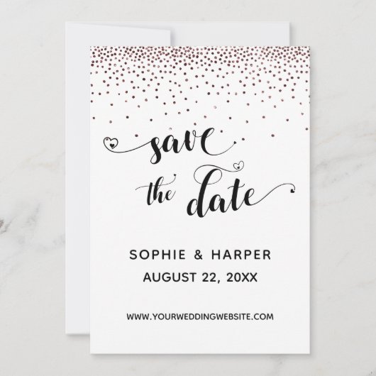 Roos Gold Confetti en kalligrafie met harten Save The Date (Voorkant)