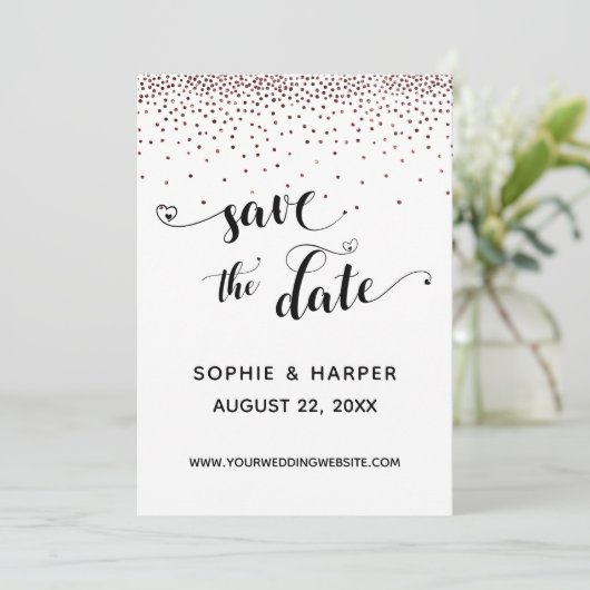 Roos Gold Confetti en kalligrafie met harten Save The Date (Staand voorkant)
