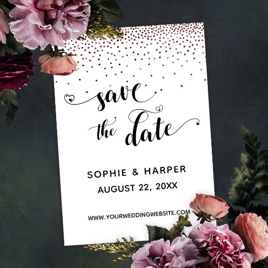 Roos Gold Confetti en kalligrafie met harten Save The Date