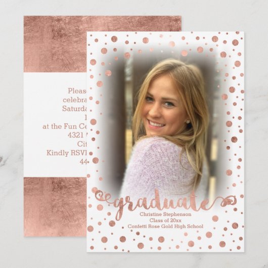 Roos Gold Confetti Foto Afstuderen Kaart (Voorkant / Achterkant)