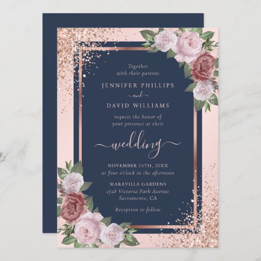 Roos Gold Confetti Glitter Navy Blue Blush Wedding Kaart (Voorkant / Achterkant)