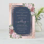 Roos Gold Confetti Glitter Navy Blue Blush Wedding Kaart (Staand voorkant)