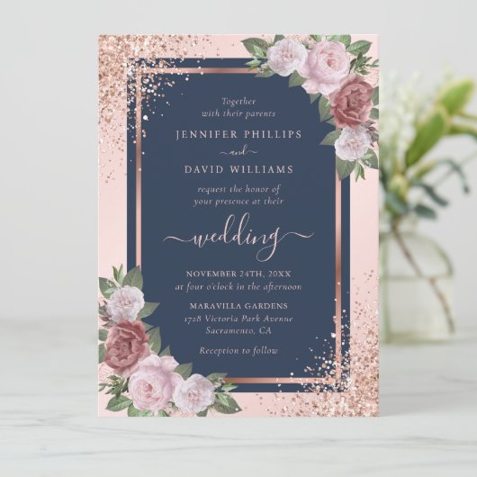 Roos Gold Confetti Glitter Navy Blue Blush Wedding Kaart (Staand voorkant)