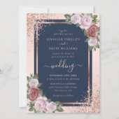Roos Gold Confetti Glitter Navy Blue Blush Wedding Kaart (Voorkant)