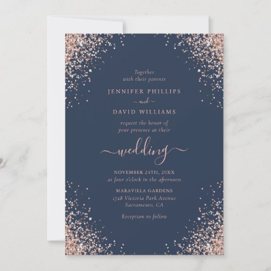 Roos Gold Confetti Glitter Navy Blue Wedding Kaart (Voorkant)