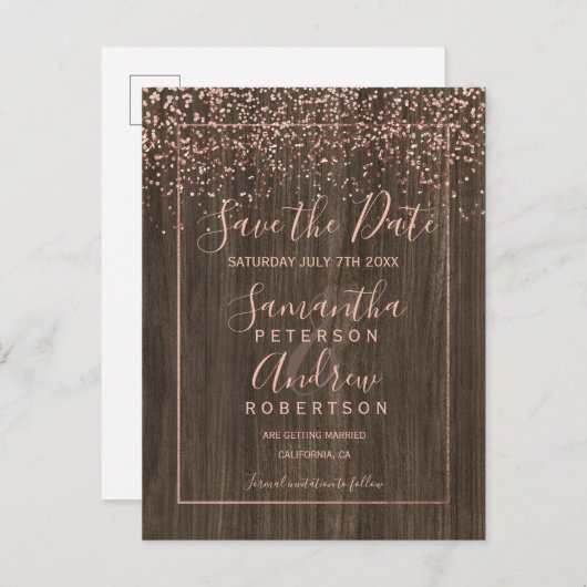 Roos Gold confetti herfst houtscript Save the date Aankondigingskaart (Voorkant / Achterkant)
