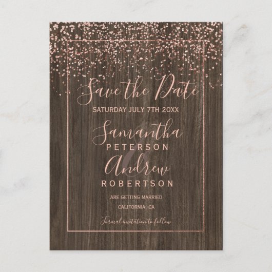 Roos Gold confetti herfst houtscript Save the date Aankondigingskaart (Voorkant)