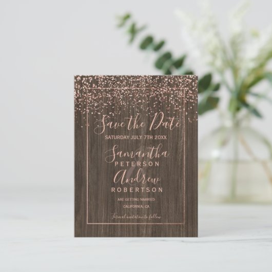 Roos Gold confetti herfst houtscript Save the date Aankondigingskaart (Staand voorkant)