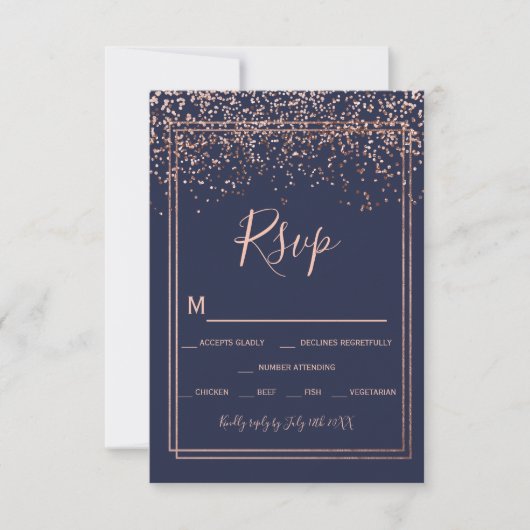 Roos Gold confetti marine blauw script border RSVP (Voorkant)