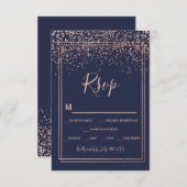 Roos Gold confetti marine blauw script border RSVP (Voorkant / Achterkant)