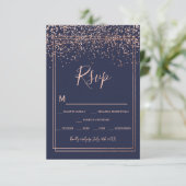 Roos Gold confetti marine blauw script border RSVP Kaartje (Staand voorkant)