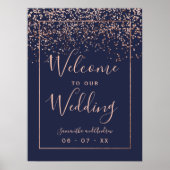 Roos gold confetti marvy blue bruiloft welkom poster (Voorkant)