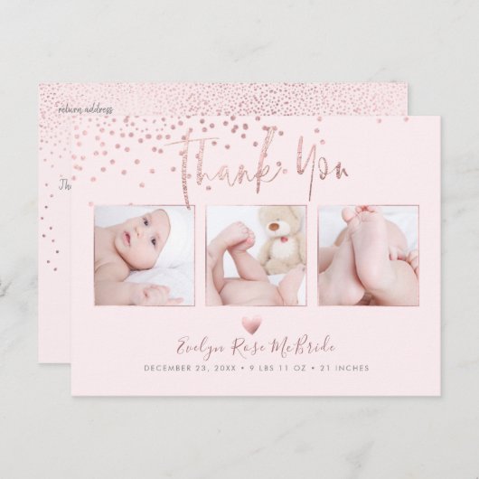 Roos Gold Confetti Modern Script Bedankt Briefkaart (Voorkant / Achterkant)